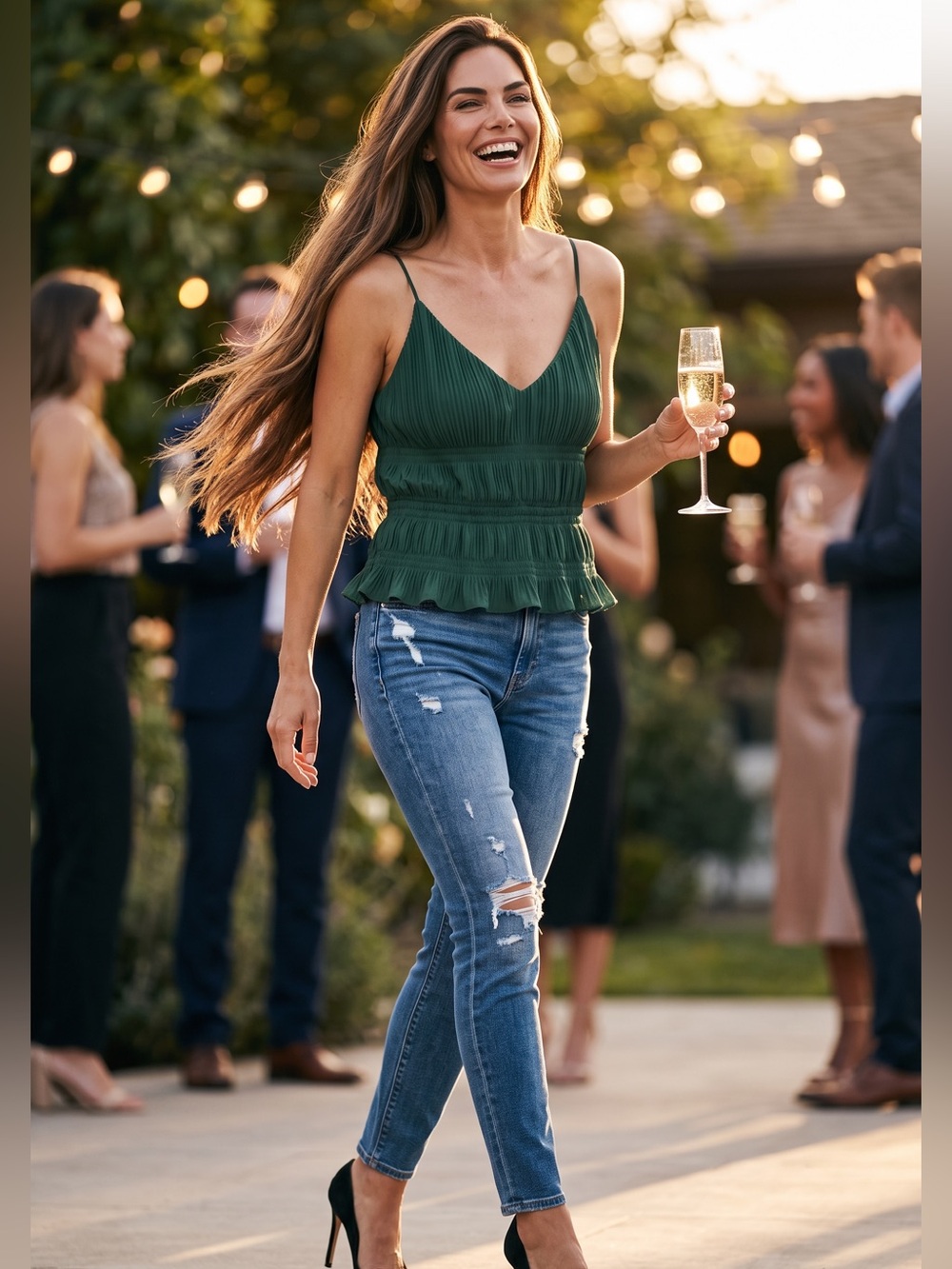 She + Sky Dark Green Smocked Ruffle Camisole